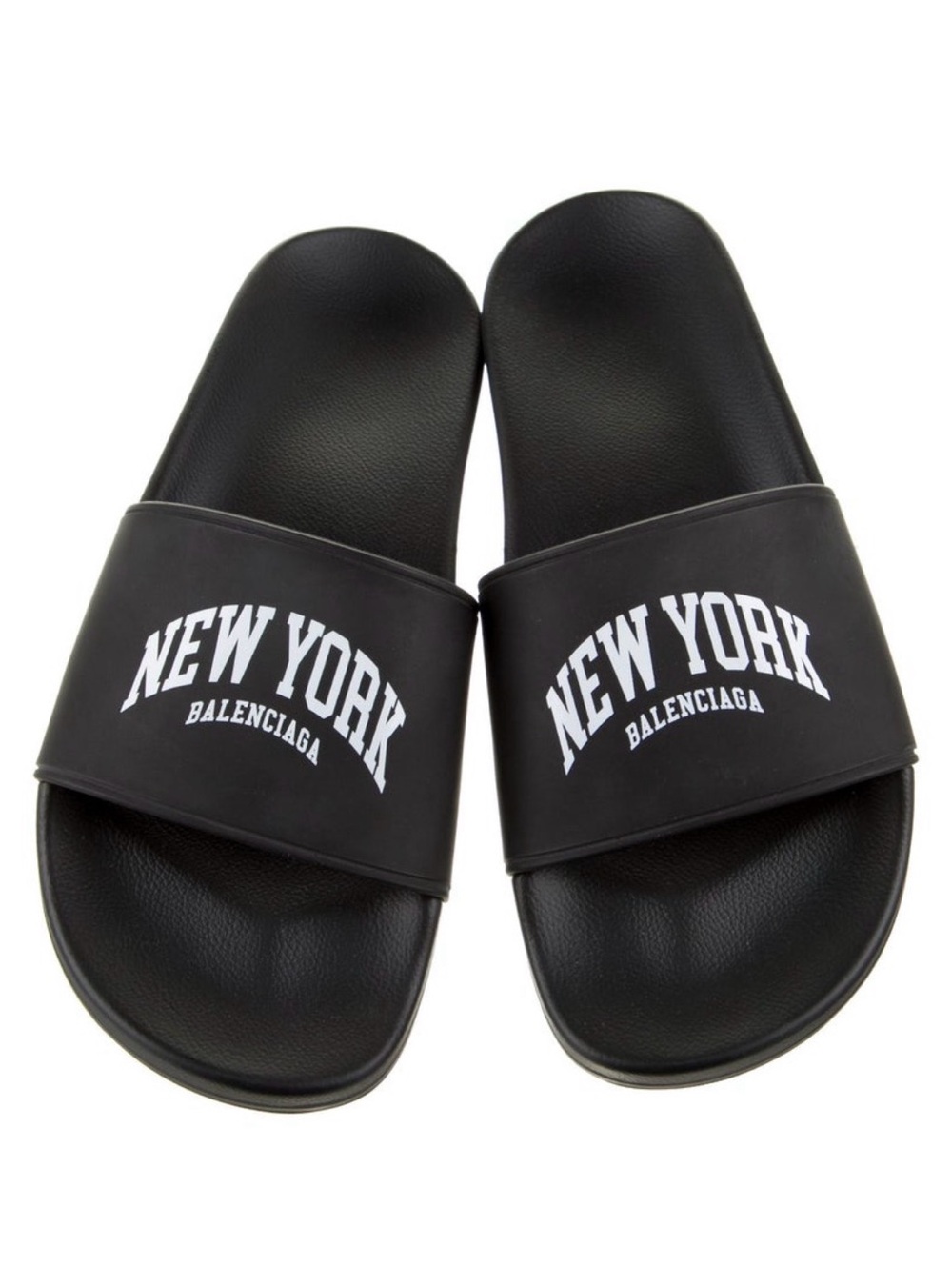 Balenciaga Black Rubber Slides with White New York Graphic